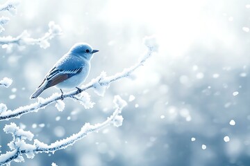 Little bird sitting on snowy branch with falling snow. Winter greeting card background