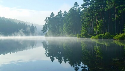 Fototapeta premium A peaceful lakeshore with mist rising from the water, surrounded by towering pine trees reflecting in the still surface. 