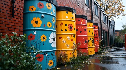 Colorful decorated barrels lined along a brick wall in an urban setting with autumn foliage