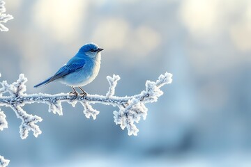 Small blue bird perches on frosty branch in winter forest with sunlight filtering in background