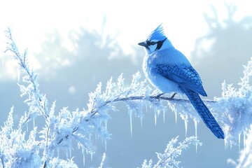 Blue jay perched on a frosted branch against a blurred winter forest backdrop, useful for holiday cards