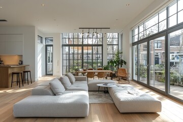 Fototapeta premium Spacious, modern interior design with large windows showcasing a garden.