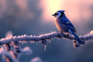 Blue jay perched on an icy branch in winter, sunlit background. Editorial use for nature