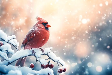 Cardinal perched on snowy branch with berries under soft light during a snowfall, for Christmas cards