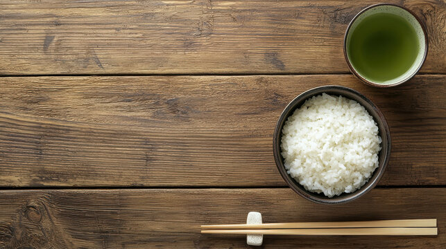 Freshly Cooked White Rice in Bowl with Tea on Rustic Wooden Table Setting