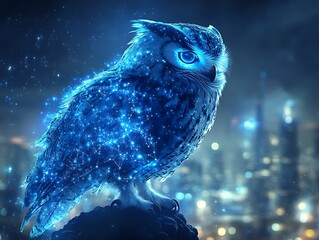 Glowing owl perched at night on rock, city lights in background, for fantasy or education use