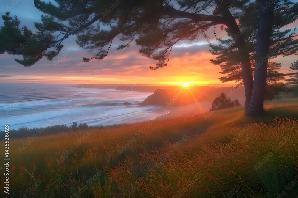 Aufkleber 夕焼け時の海岸風景 太陽が海に沈む風景 広がる草地と木々がシルエットとして浮かび上がる 自然が織りなす美しい光景