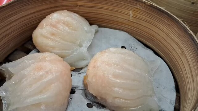 Close up of a bowl of har gow or ha kao