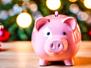 Pink Piggy Bank on Wooden Table with Christmas Lights Background.