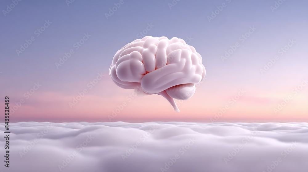 Aufkleber an abstract representation of the human brain as a glowing neural network floating above a serene cl