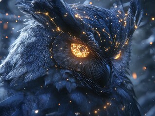 Owl portrait glowing in forest, magical ambiance, with a bokeh effect. Useful for fantasy or nature
