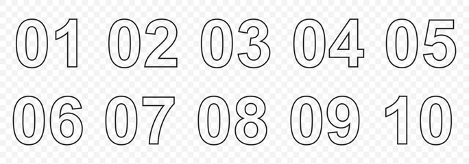 Bullet Points icon set in line style, Simple round numbers in flat style, Set of 1-10 numbers simple black symbol sign for apps, UI, and website, vector illustration on Transparent Background. EPS 10.