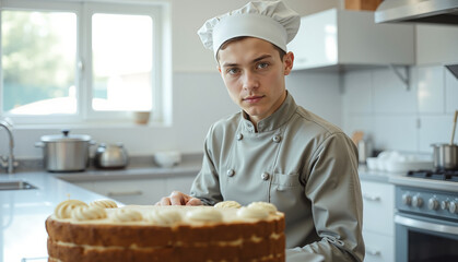 Focused young male pastry chef in gray uniform decorates cake in modern kitchen