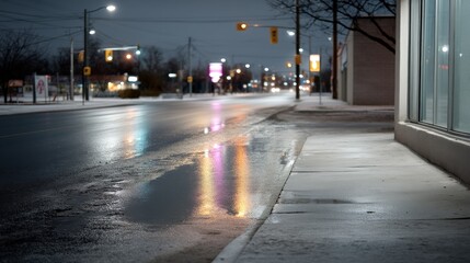 Obraz premium Melting Snow Reflecting City Lights at Night