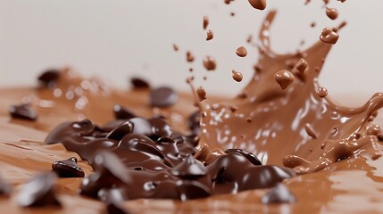 Fototapeta premium A rich splash of chocolate milk with chocolate chips suspended against a soft cream background.