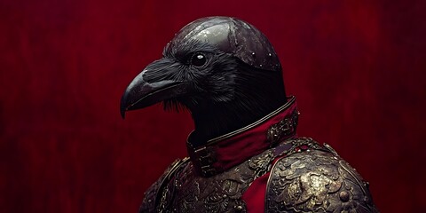 Raven head portrait wearing medieval armor on a dark red background for fantasy concepts