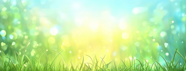 Obraz premium Beautiful blurred background of spring nature in the meadow with tall grasses, bokeh, sunlight, and rays. Beautiful spring landscape banner with a copy space area. 