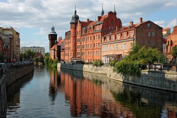 Fototapeta premium Scenic View of Bydgoszcz's Old Town and Historic Granaries Along the Serene Brda River, Poland