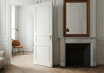 Interior view of a room with an open white door, fireplace, mirror, and a chair in the background