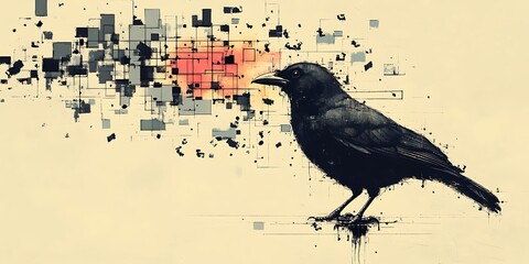 Bird sitting with digital elements background for illustration or digital wallpaper use