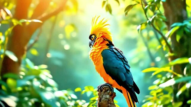 A vibrant parrot perched on a branch in a lush green forest setting