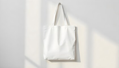 Mockup of plain white tote bag hanging on neutral wall with soft shadows, ready for branding design placement