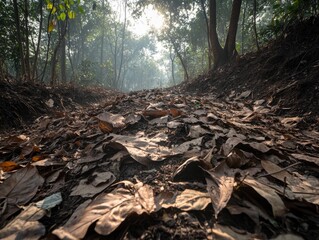 Obraz premium A misty forest path covered in fallen leaves, creating a serene and tranquil atmosphere.