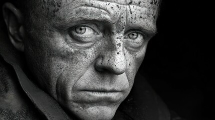 Intense grayscale portrait of a weathered man face dusted gazing with depth and vulnerability