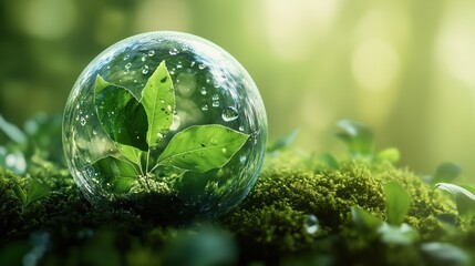 Green plant growing inside glass sphere on moss in bright natural forest with fresh sunlight and drops