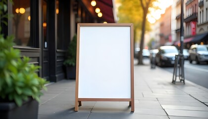 Front view mockup of blank standing restaurant menu board on sidewalk, urban background, daylight scene