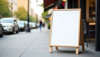 Front view mockup of blank standing restaurant menu board on sidewalk, urban background, daylight scene