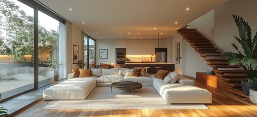 Fototapeta premium Spacious open-plan living area with modern design.