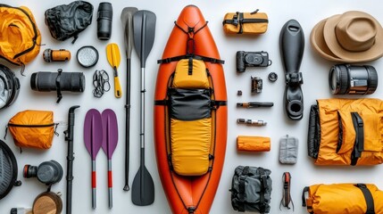 Kayak Trip Prep Gear laid out Paddles tent camera kit clothing  more