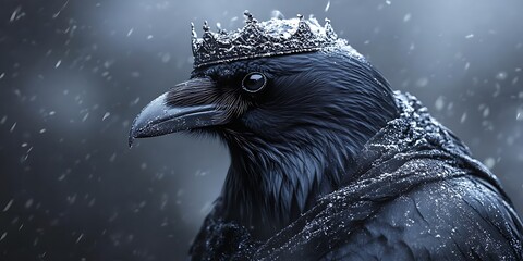 Raven wearing crown, close up, snowfall background, creative illustration. Used for dark fantasy