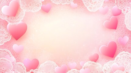 Pink hearts with lace frame, and romantic background.