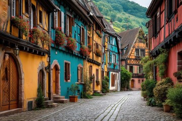 Fototapeta premium Charming Street Scene in Kaysersberg, Alsace: Vibrant Architecture and Colorful Facades Await Travelers