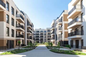 Obraz premium Exterior view of modern apartment complex with balconies and path
