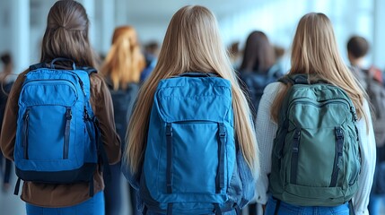 Students with backpacks walking in hallway