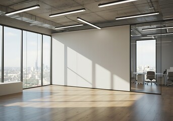 Fototapeta premium Interior of a modern office space with large windows and city view and concrete ceiling with lights