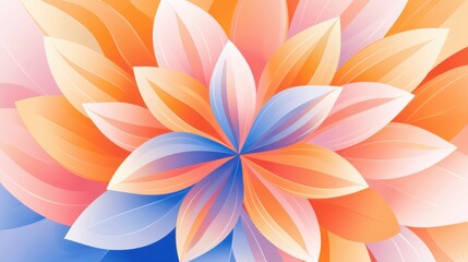 A vibrant, abstract floral design with overlapping petals in shades of orange, pink, and blue.