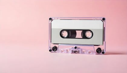 90s cassette tape with blank custom label and plastic cover, placed on soft pastel background