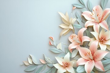 Fototapeta premium Delicate paper flowers arranged in a pastel corner design.