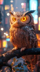 Majestic owl perched on branch in city lights, serene wildlife photo for nature-themed background use