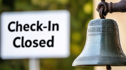 Obraz premium of bell with “Check-In Closed” sign blurred in the background, capturing shutdown effects closed check-in, bell silence, no arrival, hotel closure, tourism shutdown, low travel interest, business 