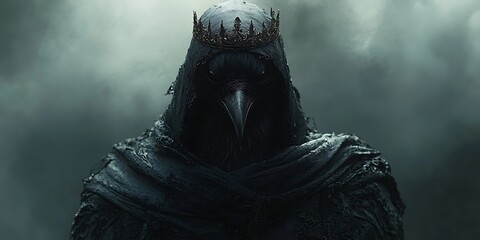 Dark king shrouded in shadows, hooded figure with a bird mask, standing in fog, a concept for fantasy art