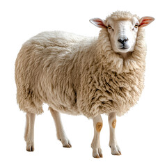 Fototapeta premium Isolated Transparent Die cut, Fluffy Sheep Standing on a White Background in Natural Sunrise Light