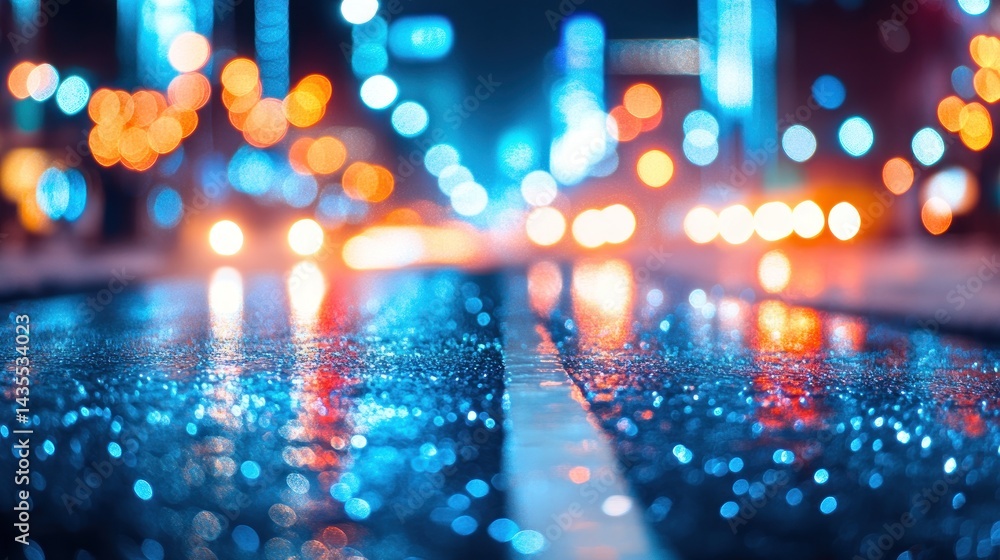 Poster urban nocturne reflections abstract capturing city light trails and bokeh with wet asphalt in vibran