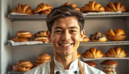 Smiling young male baker in white uniform poses in front of bread display in bakery