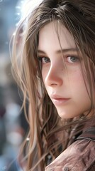 Obraz premium Close Up Portrait of a Young Woman with Freckles and Brown Hair Soft Light Digital Art