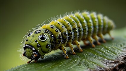 Naklejka premium Detailed View of Spiky Green Caterpillar Crawling on Leaf